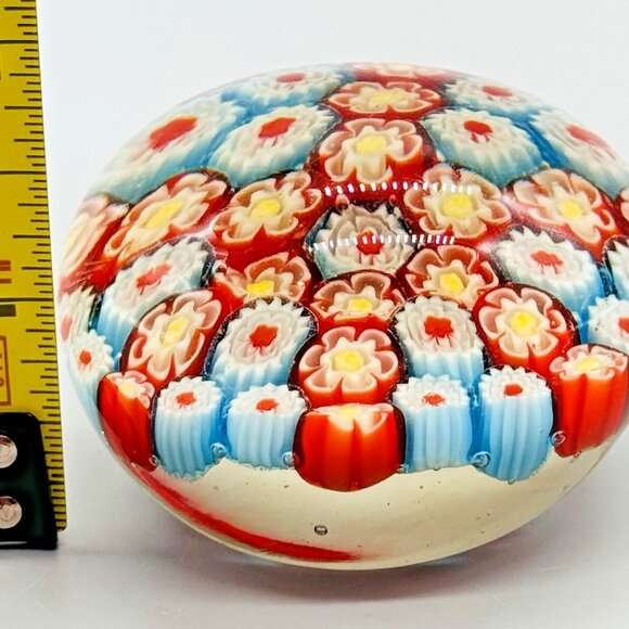 Millefiori Thousand Flowers Glass Paperweight 2 inch Red Blue Floral - Picture 6 of 6